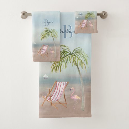 Custom Watercolor Beach Scene Monogram Name Bath Towel Set