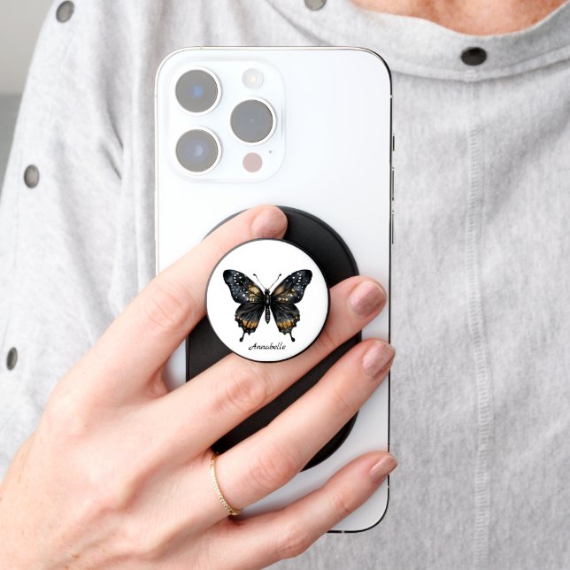 Custom Watercolor Black Gold Butterfly PopSocket (Hand)