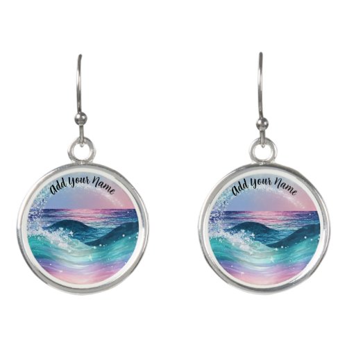 Custom Watercolor Blue Ocean Wave Photo with Name Earrings
