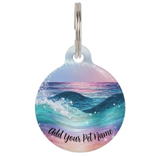 Custom Watercolor Blue Ocean Wave Photo with Name Pet ID Tag