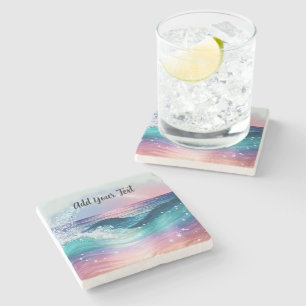 Custom Watercolor Blue Ocean Wave Photo with Name Stone Coaster