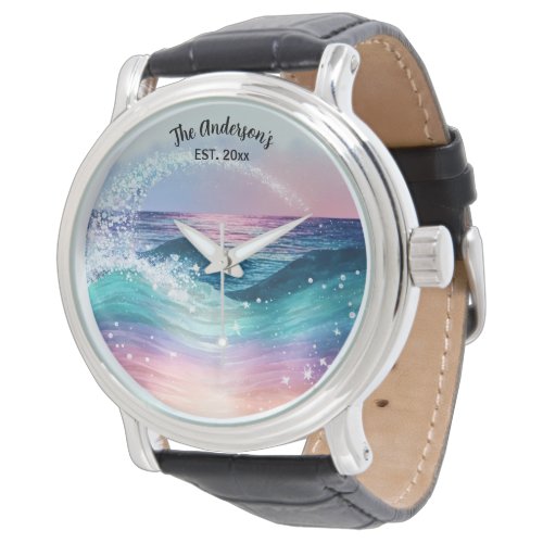 Custom Watercolor Blue Ocean Wave Photo with Name Watch