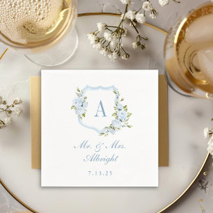 Custom Watercolor Blue Roses Floral Crest Wedding Napkins