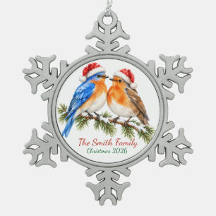 Custom Watercolor Bluebird Robin  Snowflake Pewter Christmas Ornament