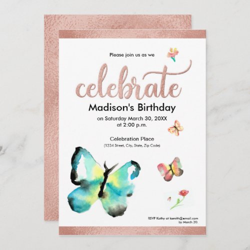 Custom watercolor butterfly faux rosegold birthday invitation