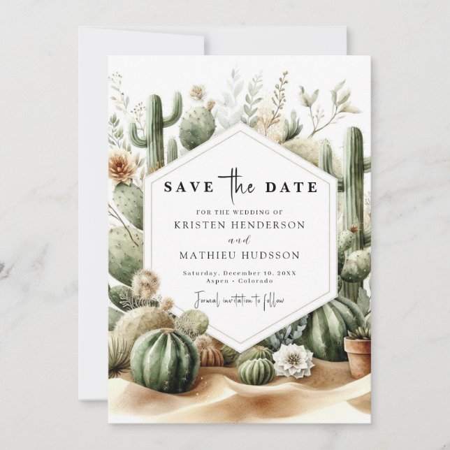 Custom Watercolor Cactus Wedding Save The Date (Front)