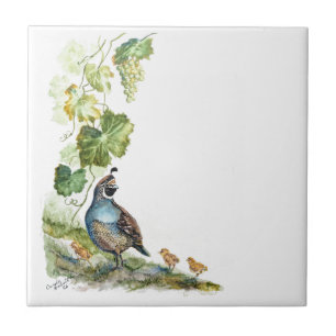 Custom Watercolor California Quail Family Grapes Ceramic Tile