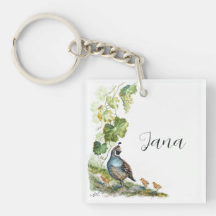 Custom Watercolor California Quail Family Grapes Keychain