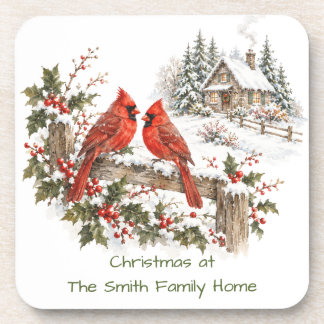 Custom Watercolor Cardinal Holiday Home Christmas Beverage Coaster