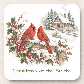 Custom Watercolor Cardinal Holiday Home Christmas Beverage Coaster
