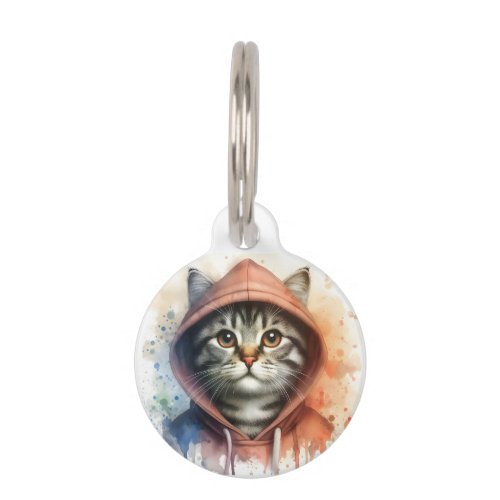 Custom Watercolor Cat Colorful Hoodie Splash Art  Pet ID Tag