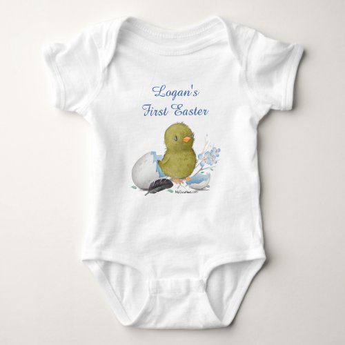 Custom Watercolor Chick Egg First Easter Boy Baby Bodysuit