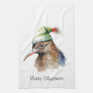 Custom Watercolor Christmas Kiwi Bird Santa Hat Kitchen Towel