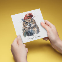 Custom Watercolor Christmas Owl with Red Santa Hat