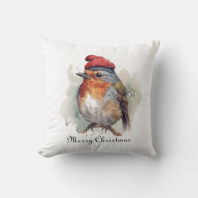 Custom Watercolor Christmas Robin Red Winter Hat Throw Pillow (Front)