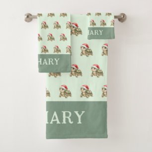 Custom Watercolor Christmas Tortoise Santa Hat Bath Towel Set