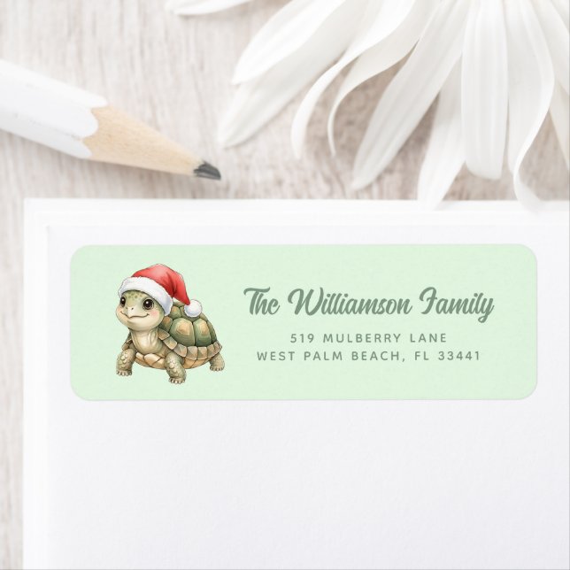 Custom Watercolor Christmas Tortoise Santa Hat Label (Insitu)