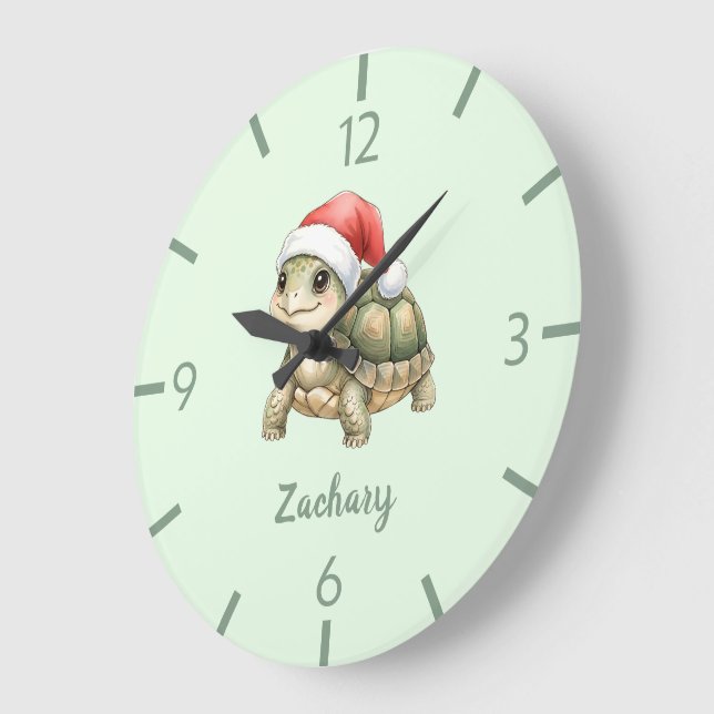 Custom Watercolor Christmas Tortoise Santa Hat Large Clock (Angle)