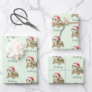 Custom Watercolor Christmas Tortoise Santa Hat Wrapping Paper Sheets