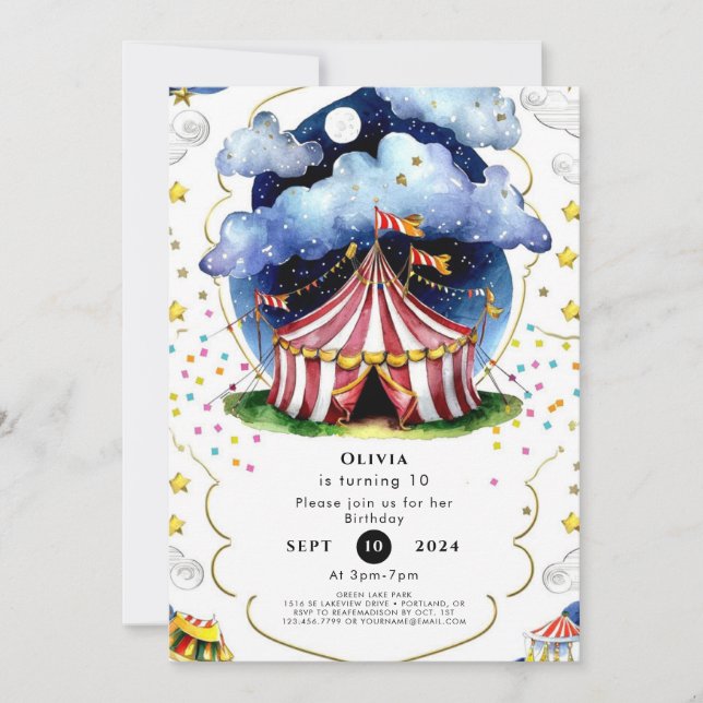 Custom Watercolor Circus Birthday Invitation (Front)