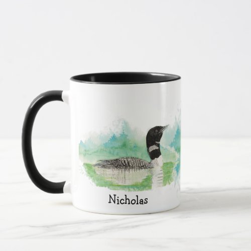 Custom Watercolor Common Loon Bird Wildlife Art Mug