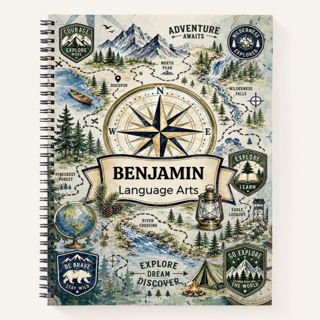 Custom Watercolor Compass Adventure Learning Theme Notebook (Front)