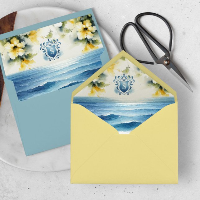 Custom Watercolor Crest Artwork Envelope Liners  (Watercolor monogram crest envelope liners)