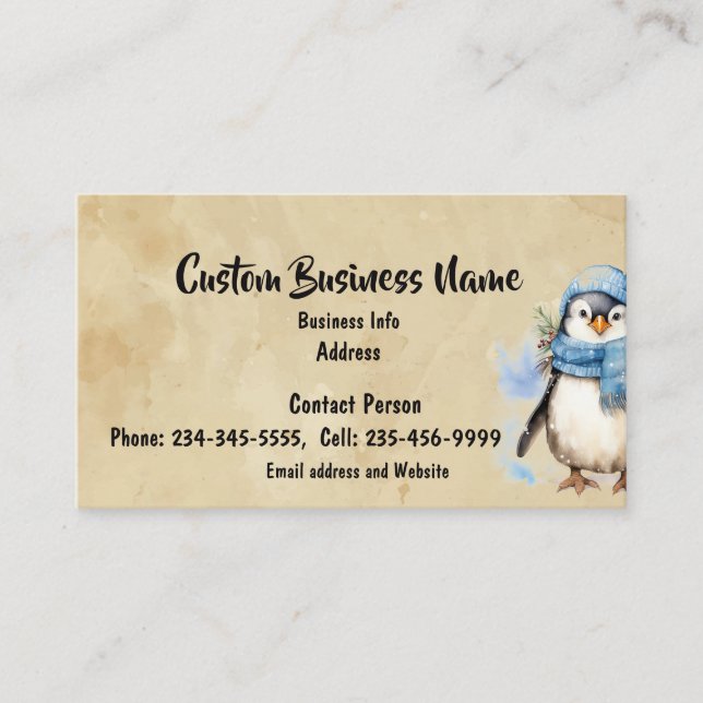 Custom Watercolor Cute Penguin Winter Freezer Fun Business Card (Front)