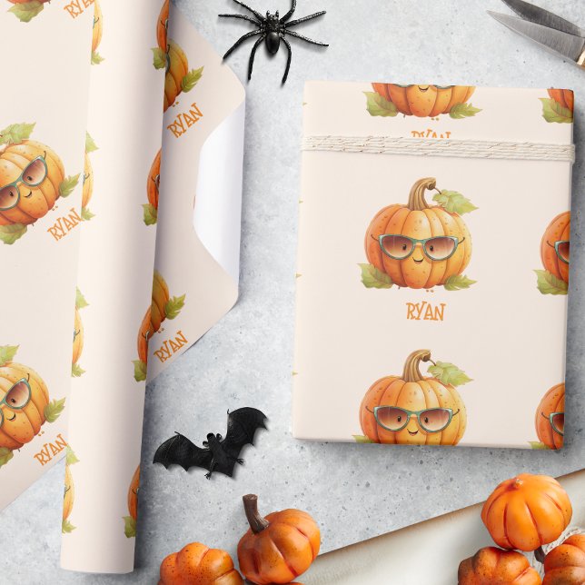 Custom Watercolor Cute Pumpkin Orange Halloween Wrapping Paper (Creator Uploaded)