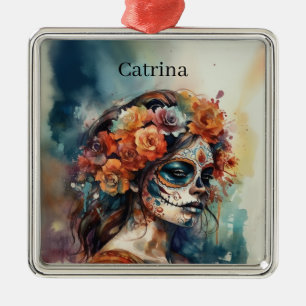 Custom Watercolor Día de los Muertos Catrina Metal Ornament