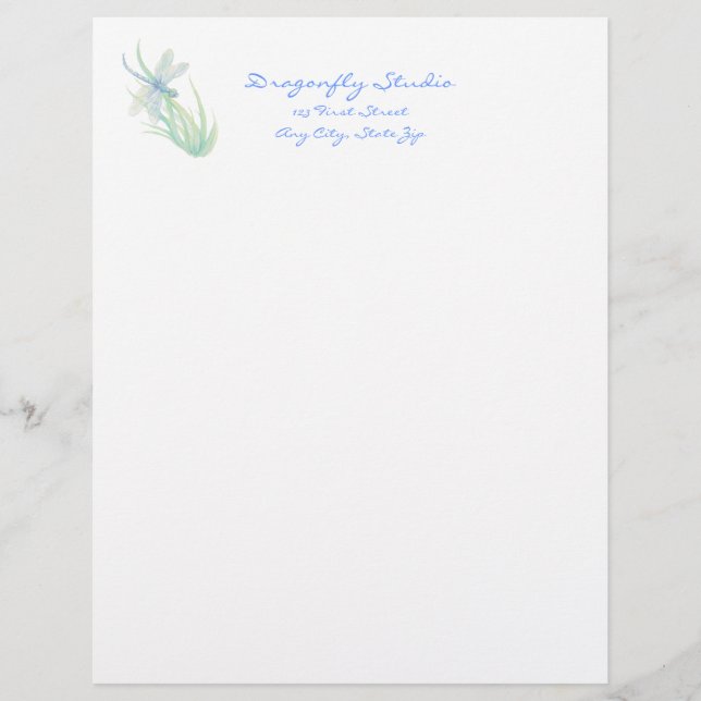 Custom Watercolor Dragonfly in Blue and Green Letterhead (Front)