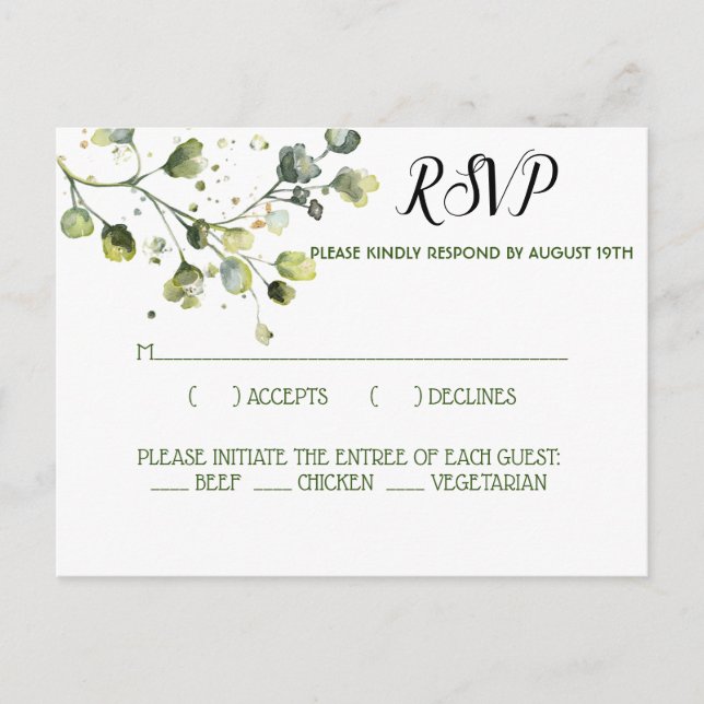 Custom Watercolor Eucalyptus Greenery Leaves RSVP Postcard (Front)