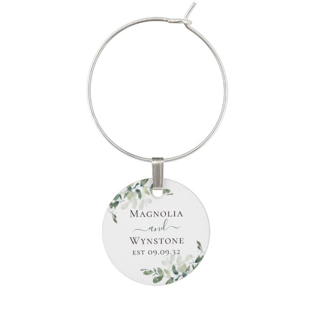 Custom Watercolor Eucalyptus Wedding  Wine Charm (Front)