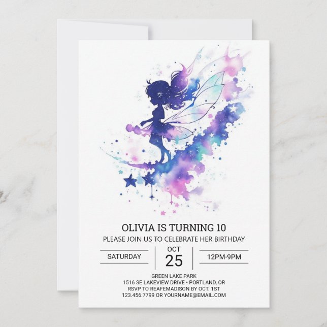 Custom Watercolor Fairy Birthday Invitation (Front)