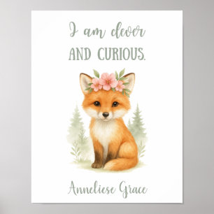 Custom Watercolor Feminine Fox Woodland Nursery Poster