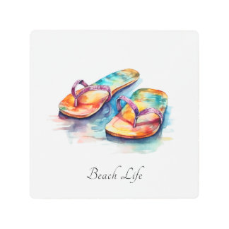 Custom Watercolor Flip Flops Beach House Style Metal Print
