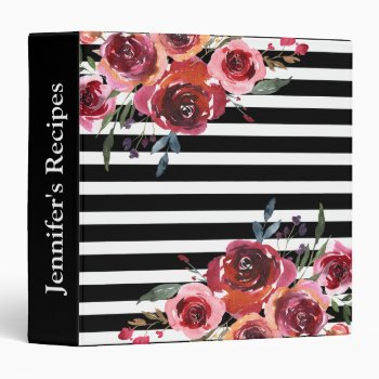 Custom Watercolor Floral Striped Recipe Binder by theburlapfrog at Zazzle