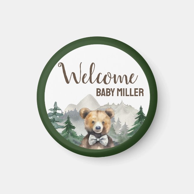Custom Watercolor Forest, Teddy Bear, Baby Shower Magnet (Front)