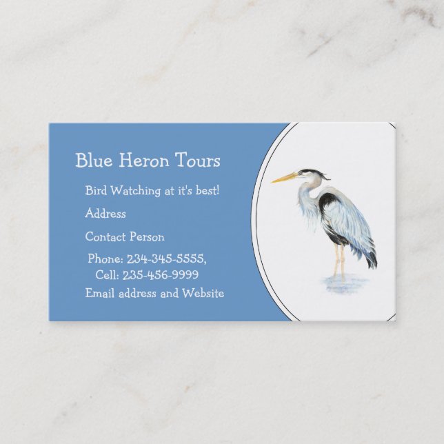 Custom Watercolor Great Blue Heron Bird Business Card (Front)