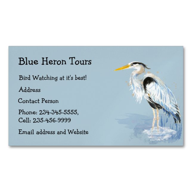 Custom Watercolor Great Blue Heron Bird Business Card Magnet (Front)