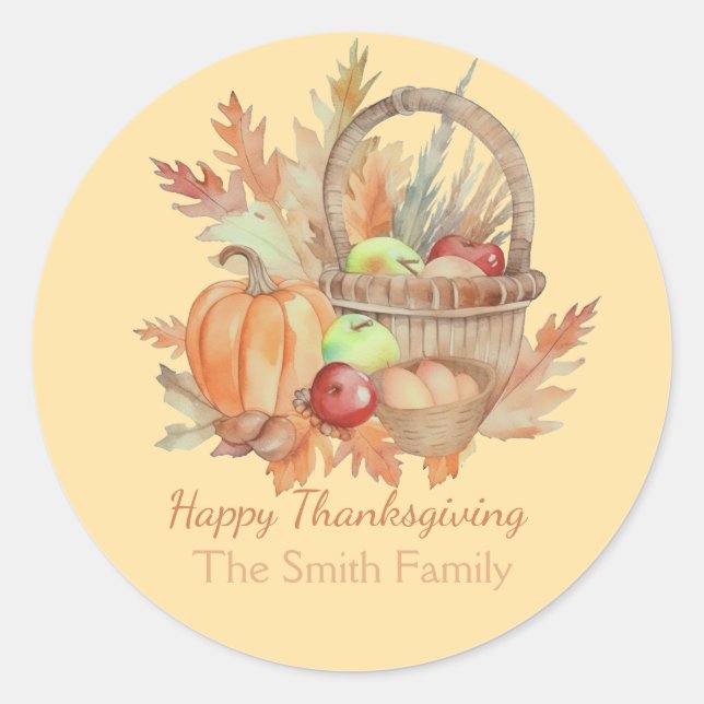Custom Watercolor Happy Thanksgiving Basket Classic Round Sticker (Front)