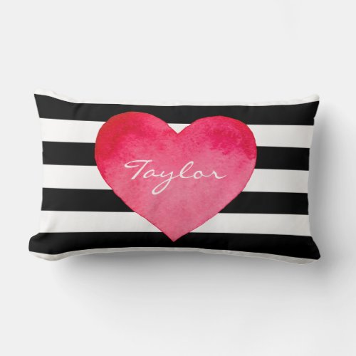 CUSTOM WATERCOLOR HEART ON BLACK AND WHITE STRIPES LUMBAR PILLOW