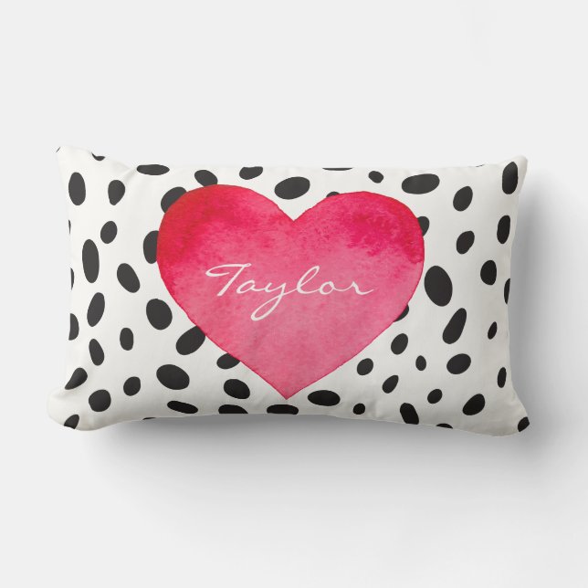 CUSTOM WATERCOLOR HEART ON DALMATIAN POLKA DOTS LUMBAR PILLOW (Front)