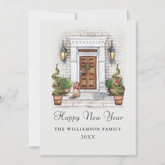 Custom Watercolor House and Dog New Year  Holiday Card (Front)