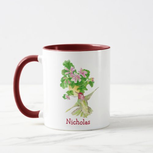 Custom Watercolor Hummingbird Bird Geranium Flower Mug