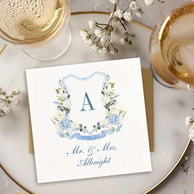 Custom Watercolor Hydrangea Floral Crest Wedding Napkins (Creator Uploaded)