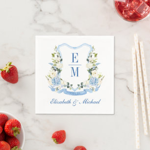 Custom Watercolor Hydrangea Floral Crest Wedding Napkins
