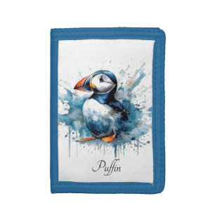 Custom Watercolor Indigo Blue Puffin Monogram Tri-fold Wallet