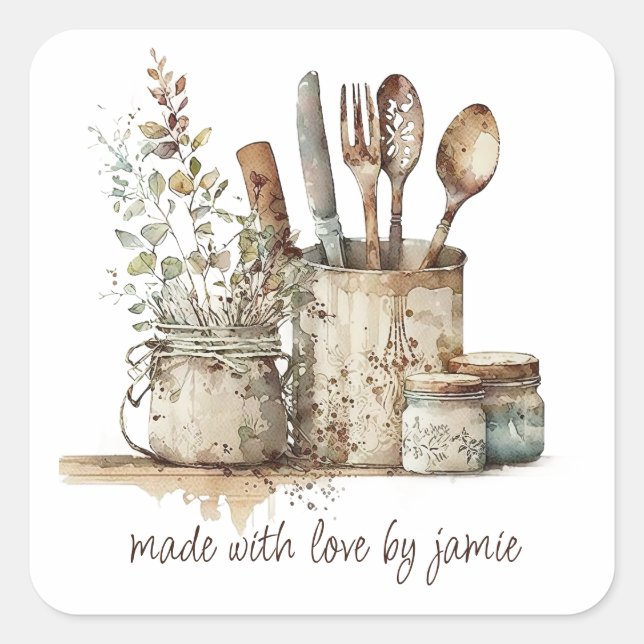 Custom Watercolor Kitchen Utensils Food Label (Front)