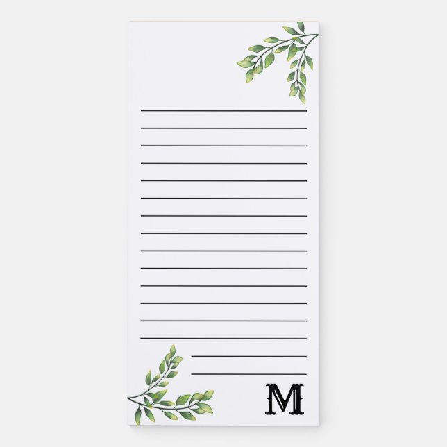 Custom Watercolor Leaves Monogrammed Magnetic Notepad (Front)